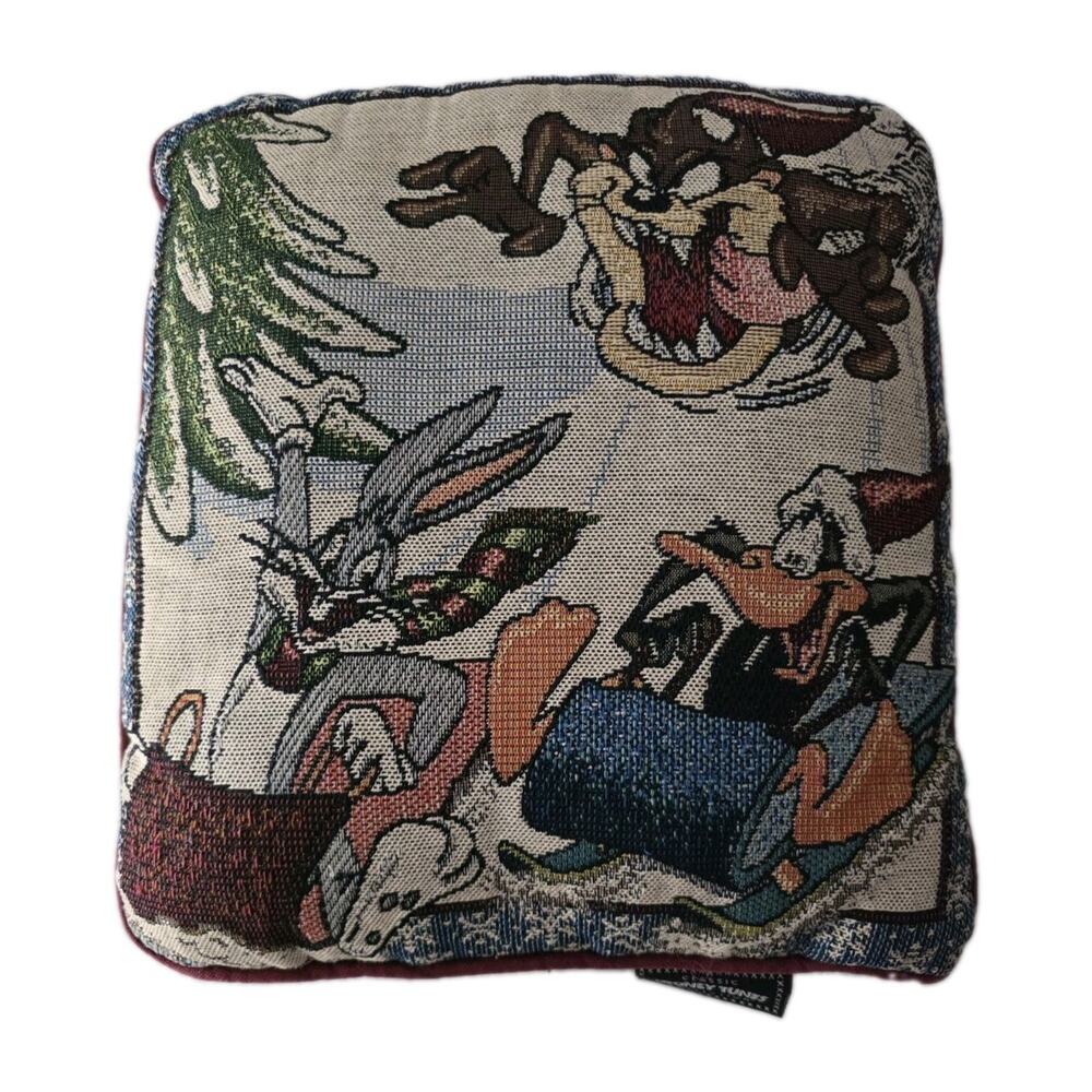 Vinrage Looney Tunes Christmas Tapestry Pillow Woven Warner Bros Rare 1998